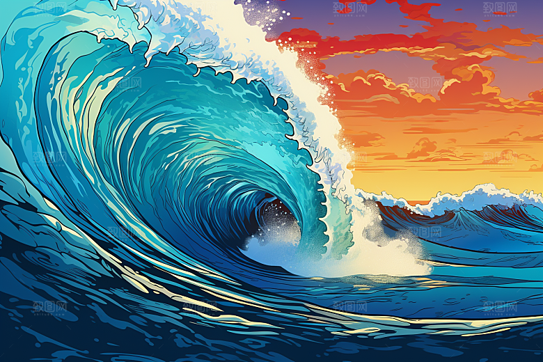 浪花浮世绘风俗画彩色插画