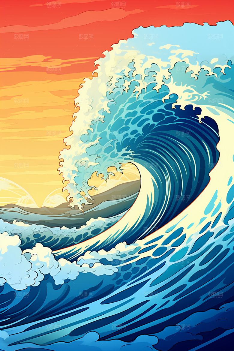 浪花浮世绘彩色风俗画插画