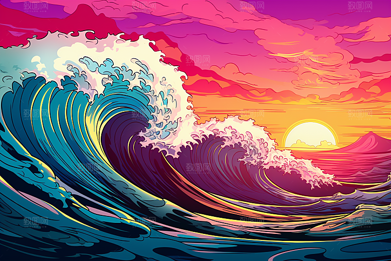 浪花浮世绘彩色风俗画插画
