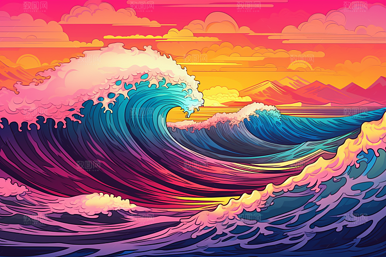 浪花浮世绘海报风风俗画插画