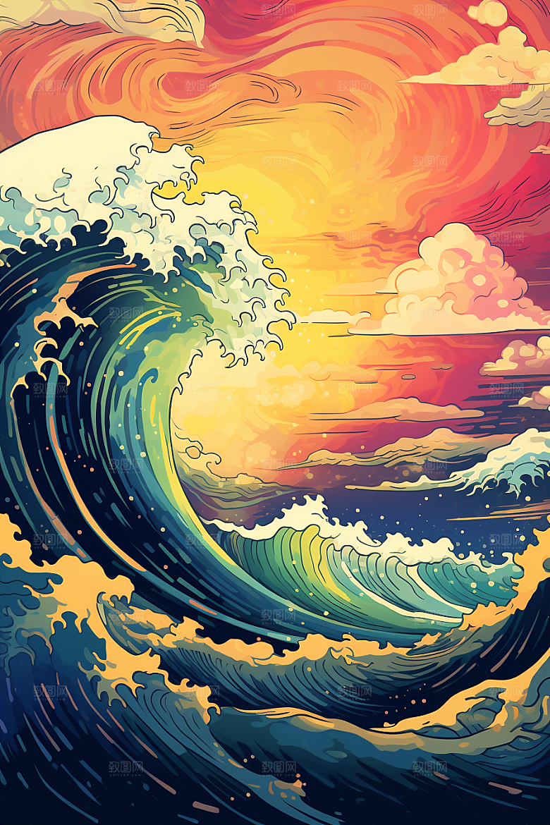浪花浮世绘风俗画日本艺术风格插画