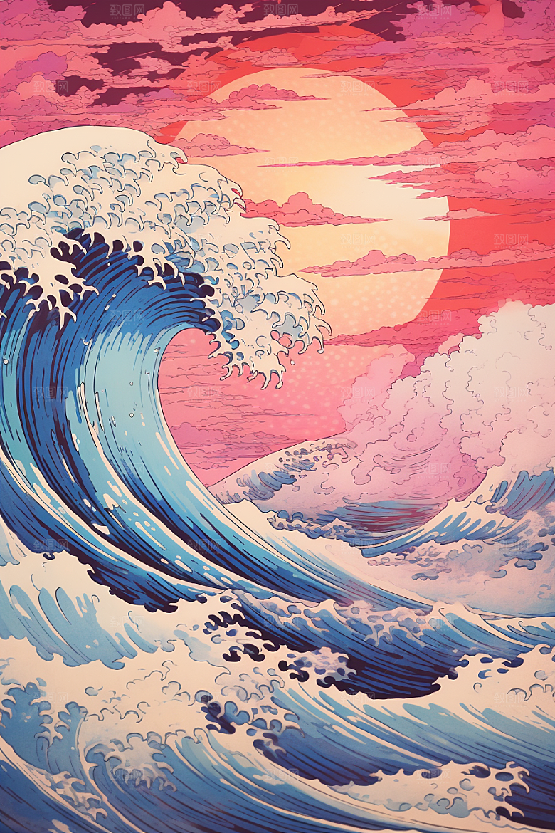 浪花浮世绘彩色日本艺术风格插画