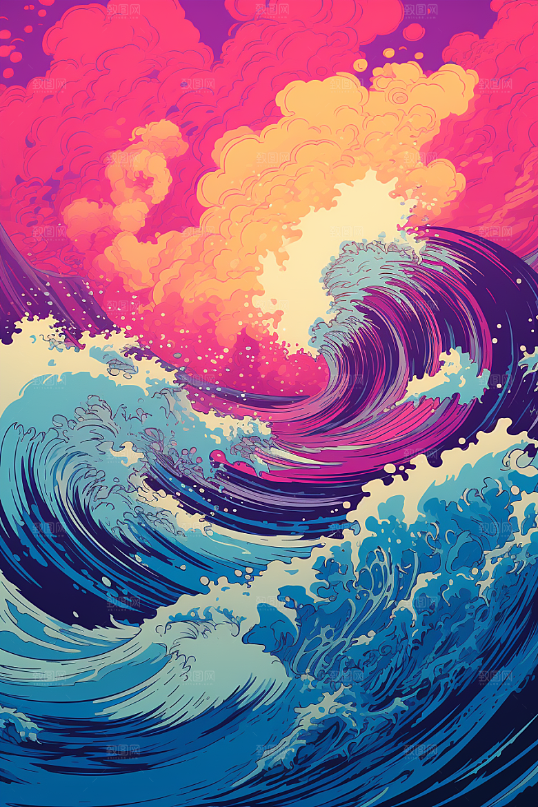 浪花浮世绘杂志风海报风插画