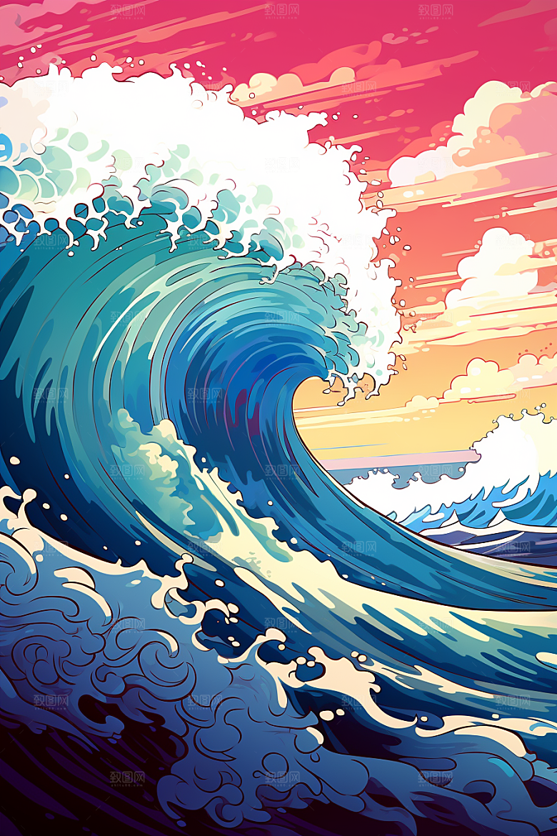 浪花浮世绘高清海报风插画