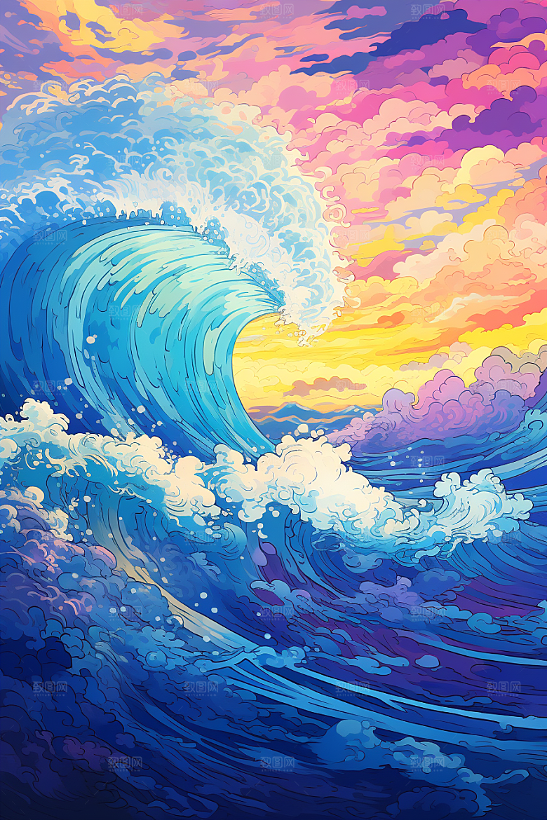 浪花浮世绘彩色海报风插画