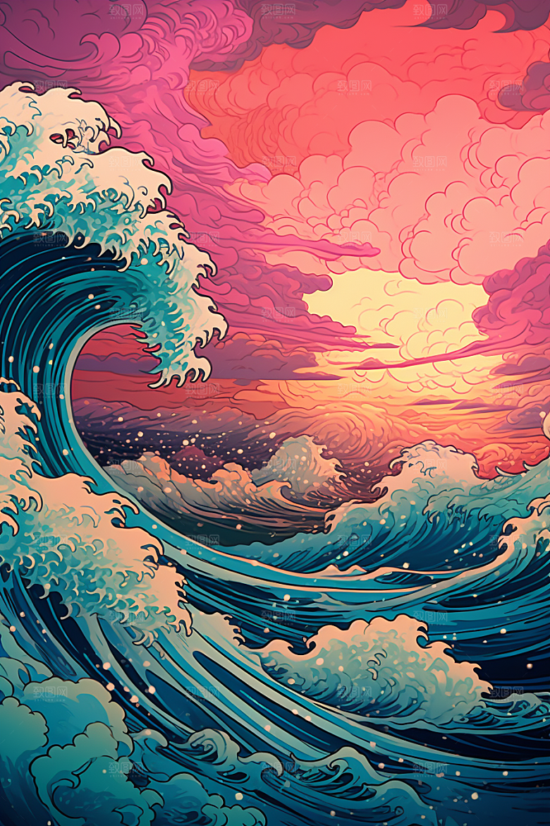 浪花浮世绘风俗画高清插画