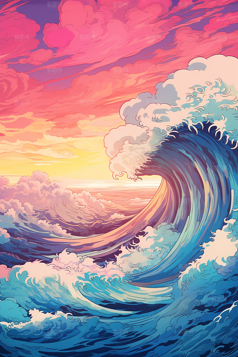 浪花浮世绘风俗画版画插画