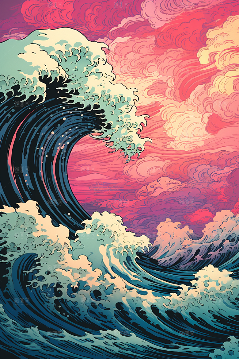 浪花浮世绘高清海报风插画