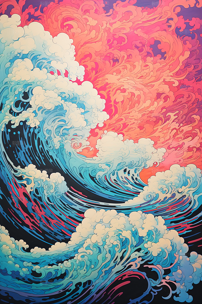 浪花浮世绘日本艺术风格彩色插画