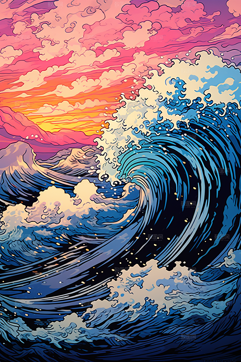 浪花浮世绘海报风彩色插画