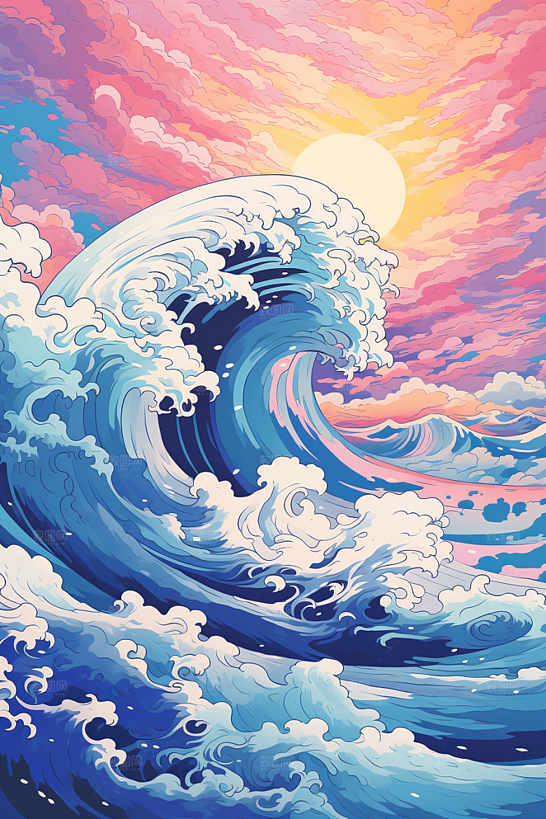 浪花浮世绘高清日本艺术风格插画