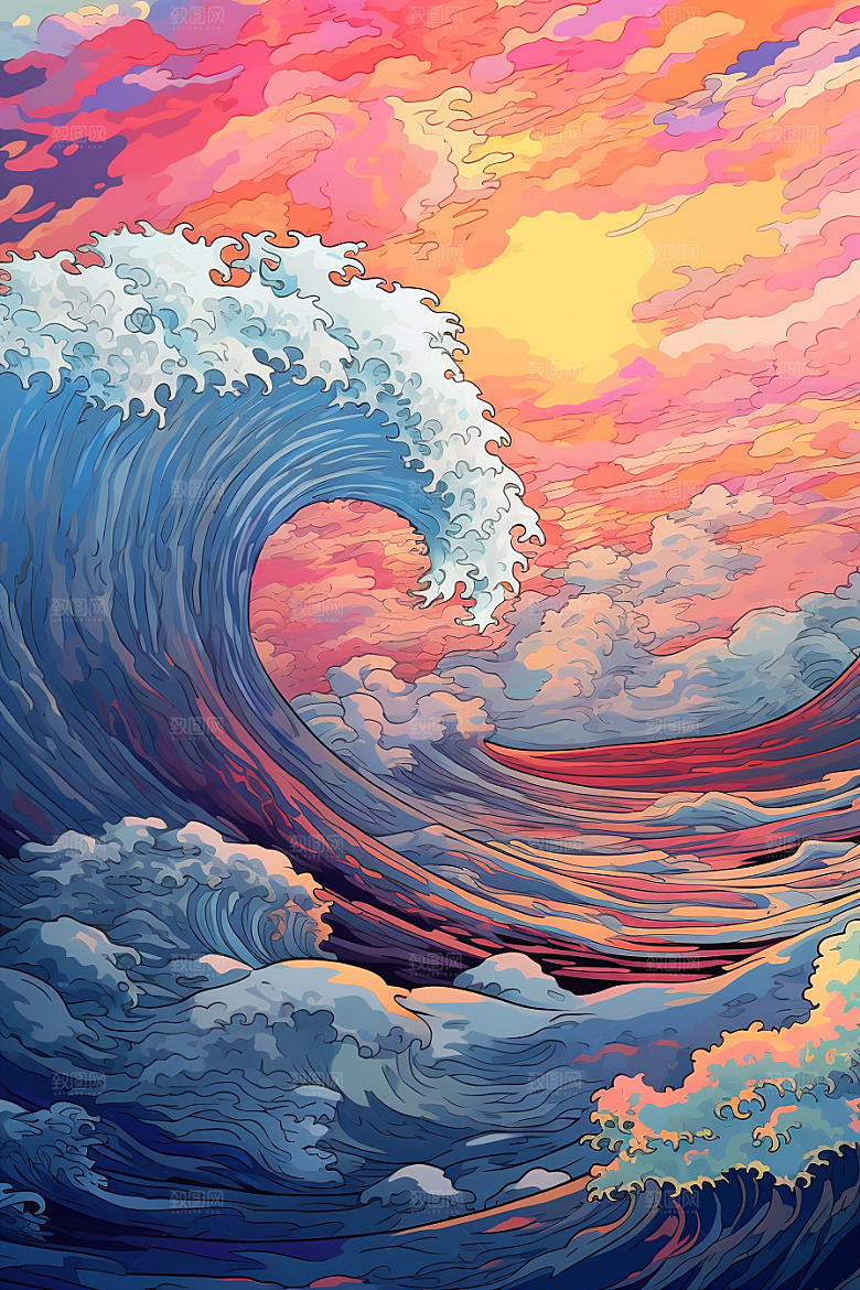 浪花浮世绘彩色海报风插画