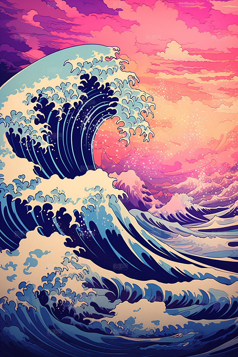 浪花浮世绘彩色日本艺术风格插画