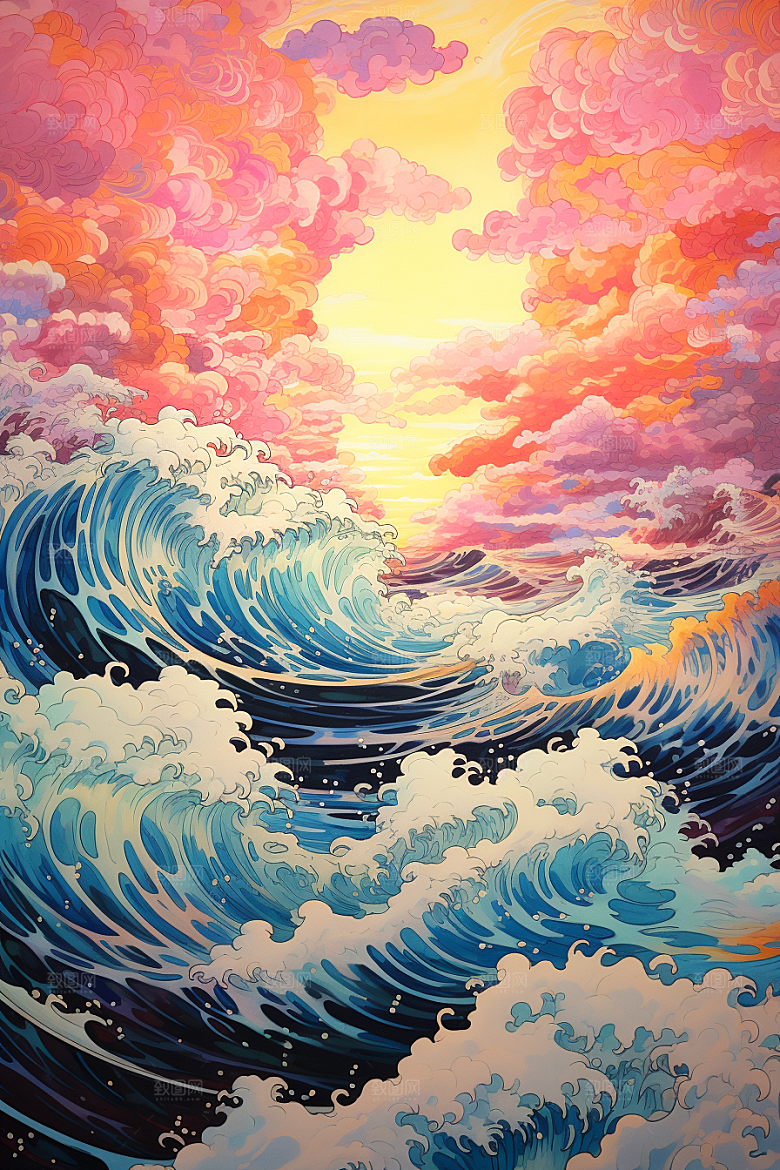 浪花浮世绘日本艺术风格版画插画