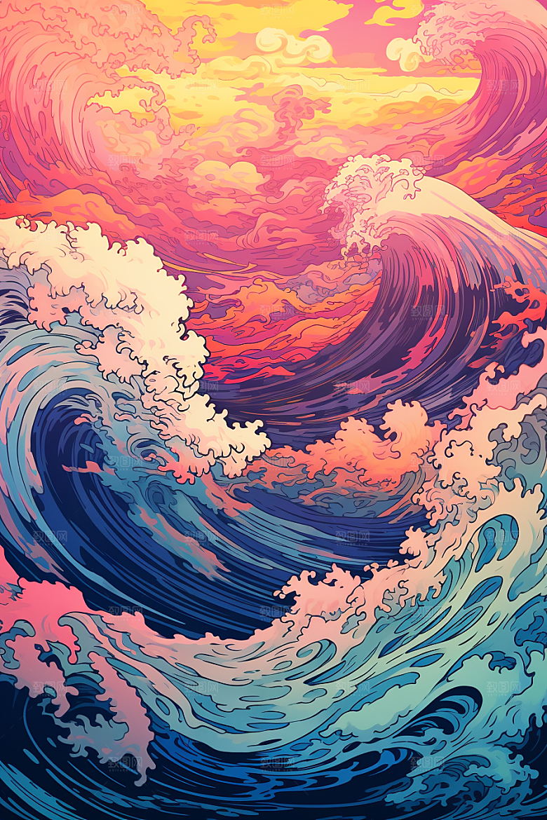 浪花浮世绘高清海报风插画