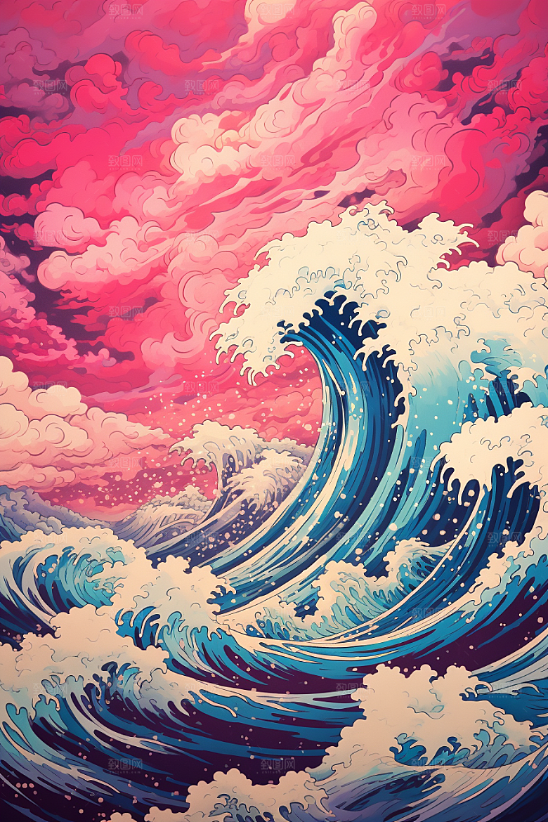 浪花浮世绘海报风杂志风插画
