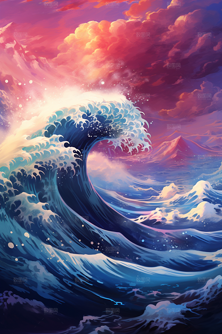浪花浮世绘杂志风高清插画