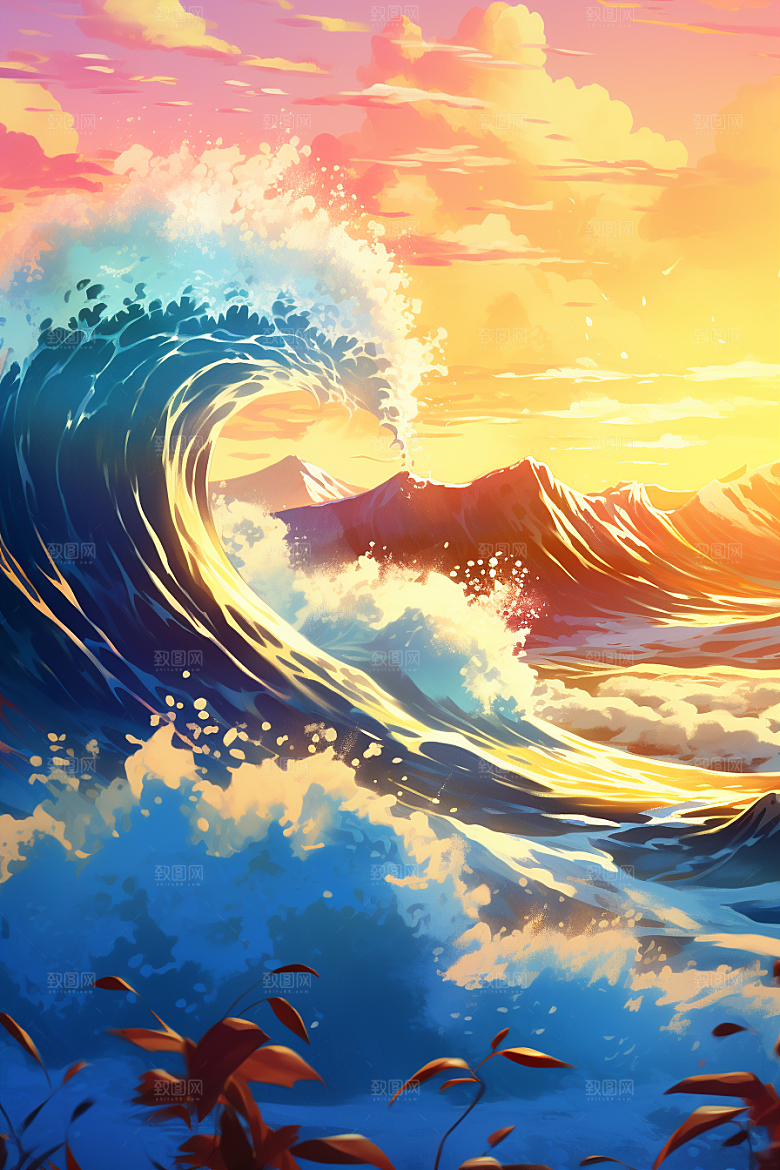 浪花浮世绘海报风高清插画