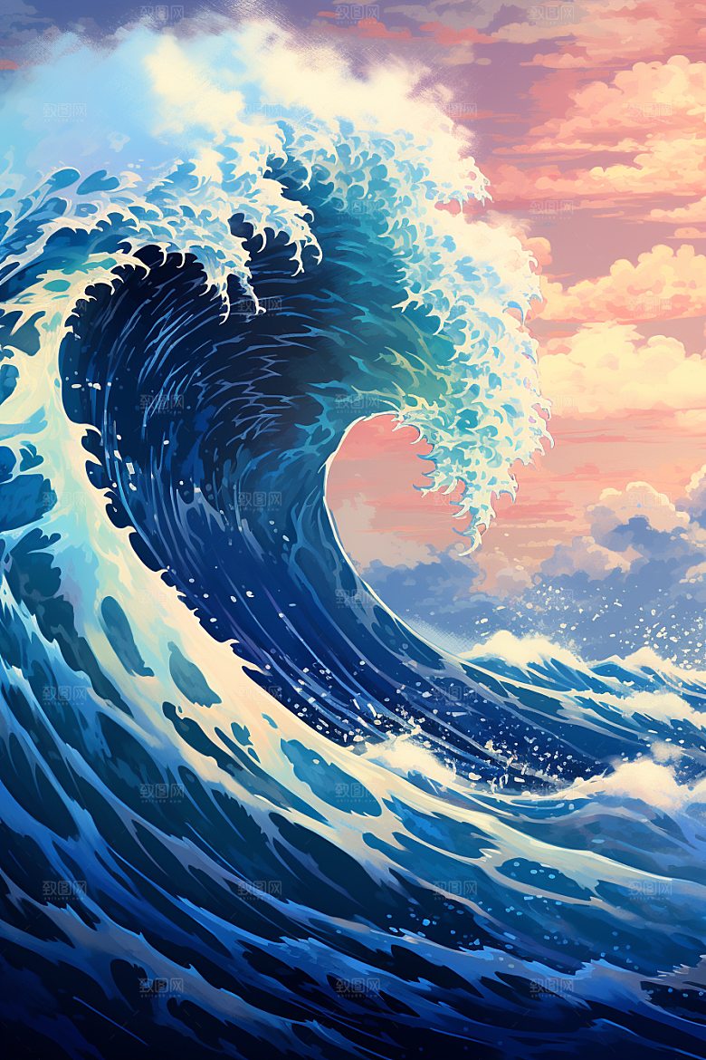 浪花浮世绘彩色风俗画插画