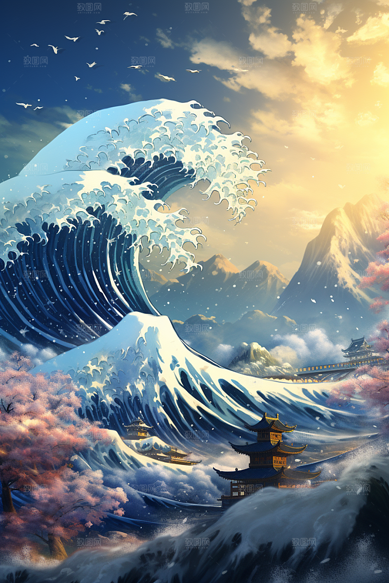 浪花浮世绘海报风高清插画