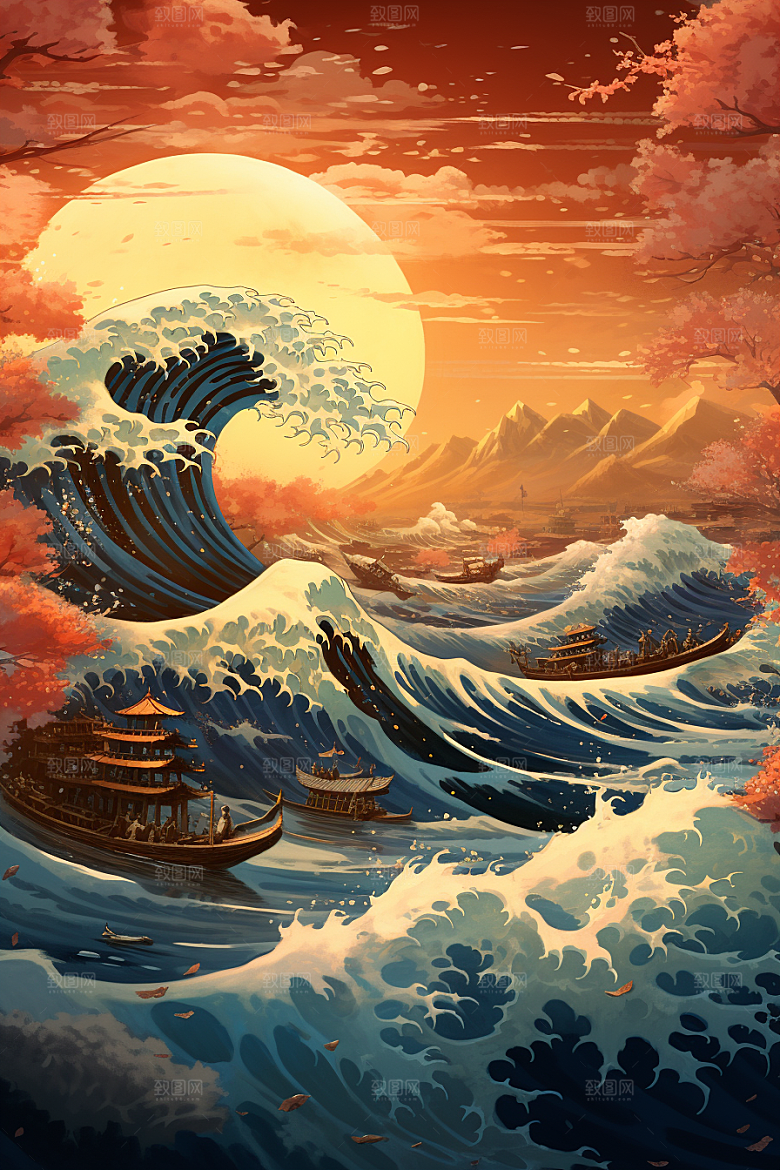 浪花浮世绘彩色日本艺术风格插画