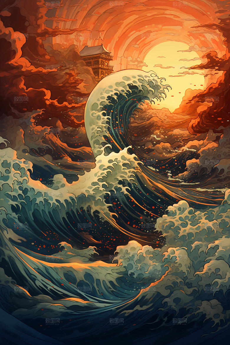 浪花浮世绘日本艺术风格彩色插画