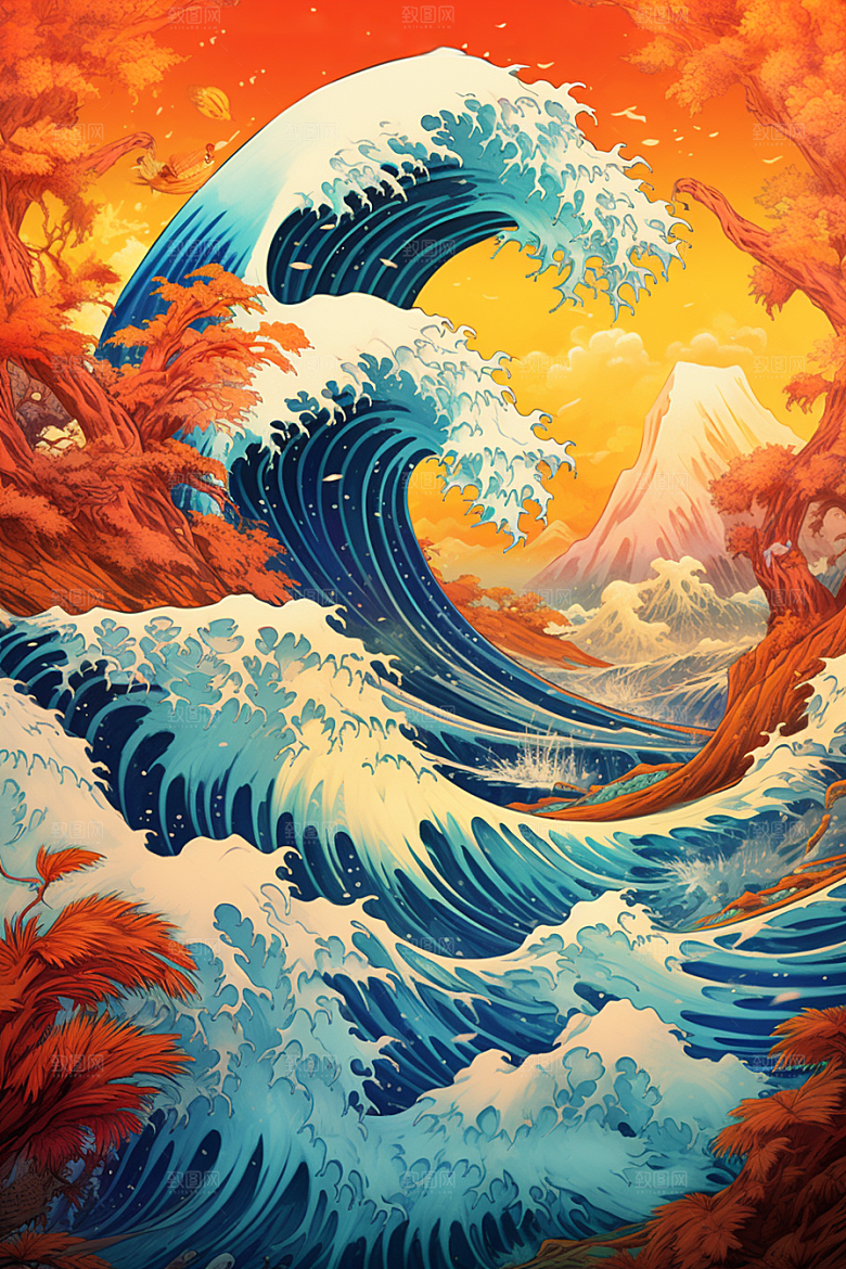 浪花浮世绘日本艺术风格海报风插画