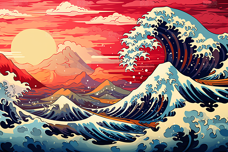 浪花浮世绘日本艺术风格海报风插画