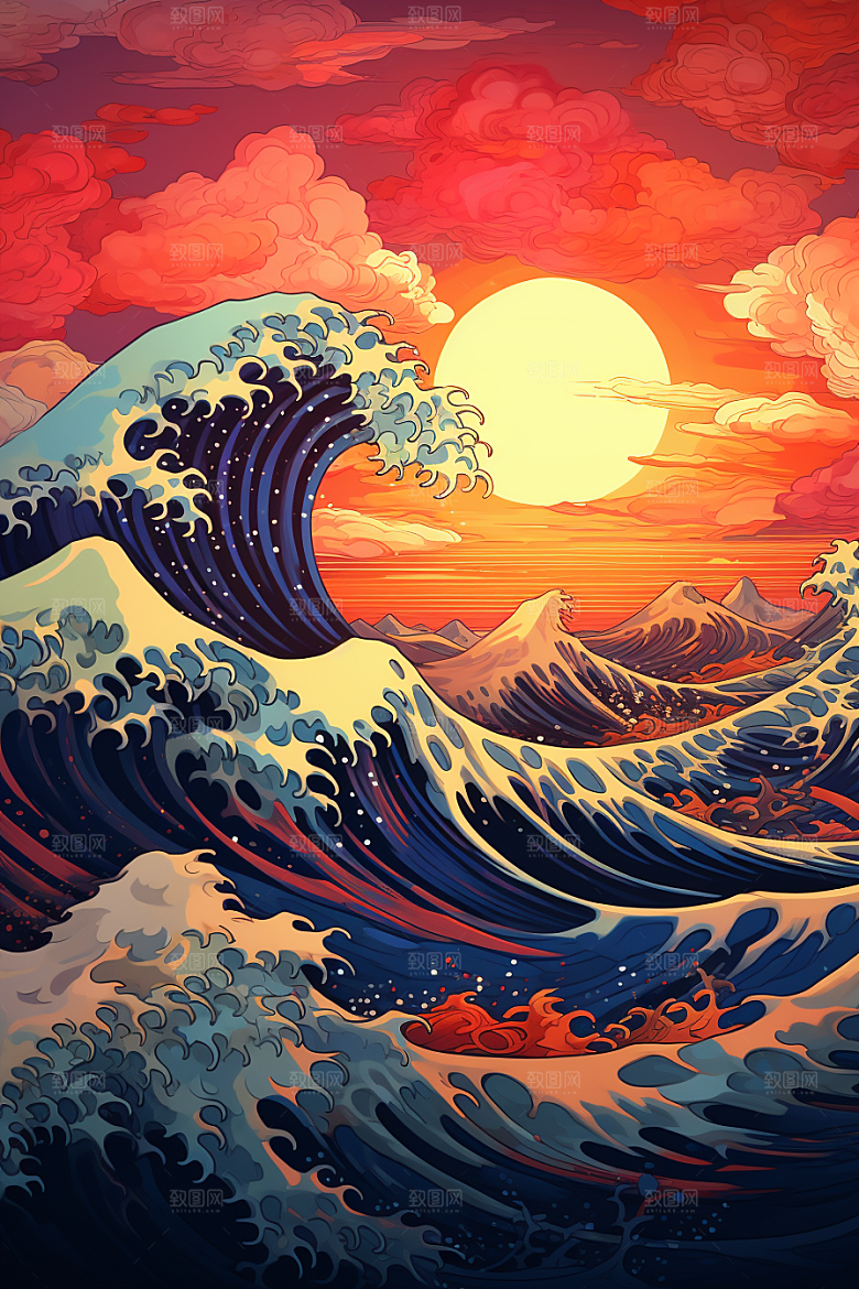 浪花浮世绘彩色日本艺术风格插画