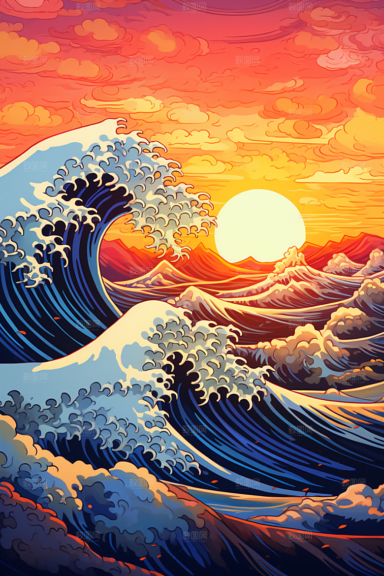 浪花浮世绘版画风俗画插画