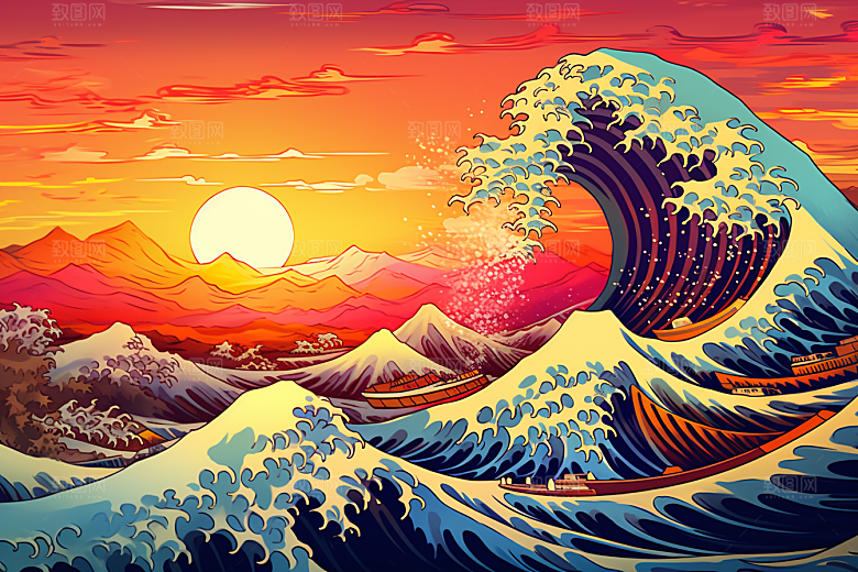 浪花浮世绘风俗画彩色插画