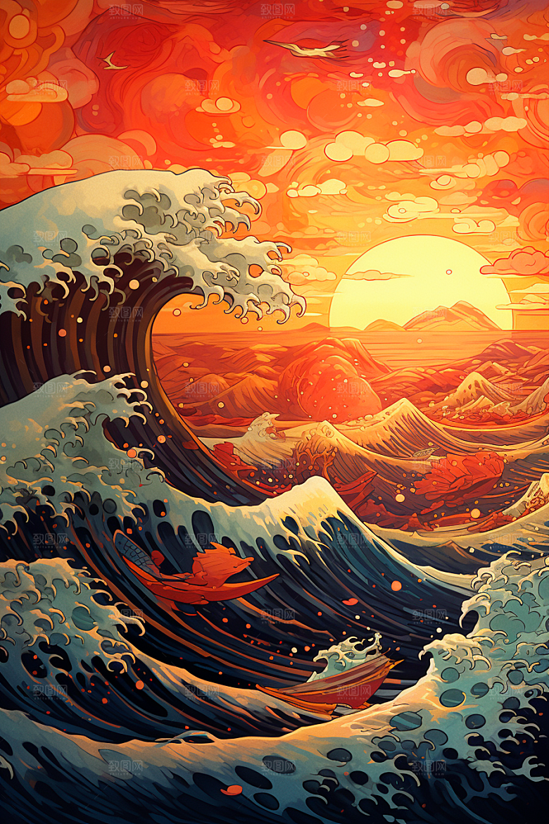 浪花浮世绘版画高清插画