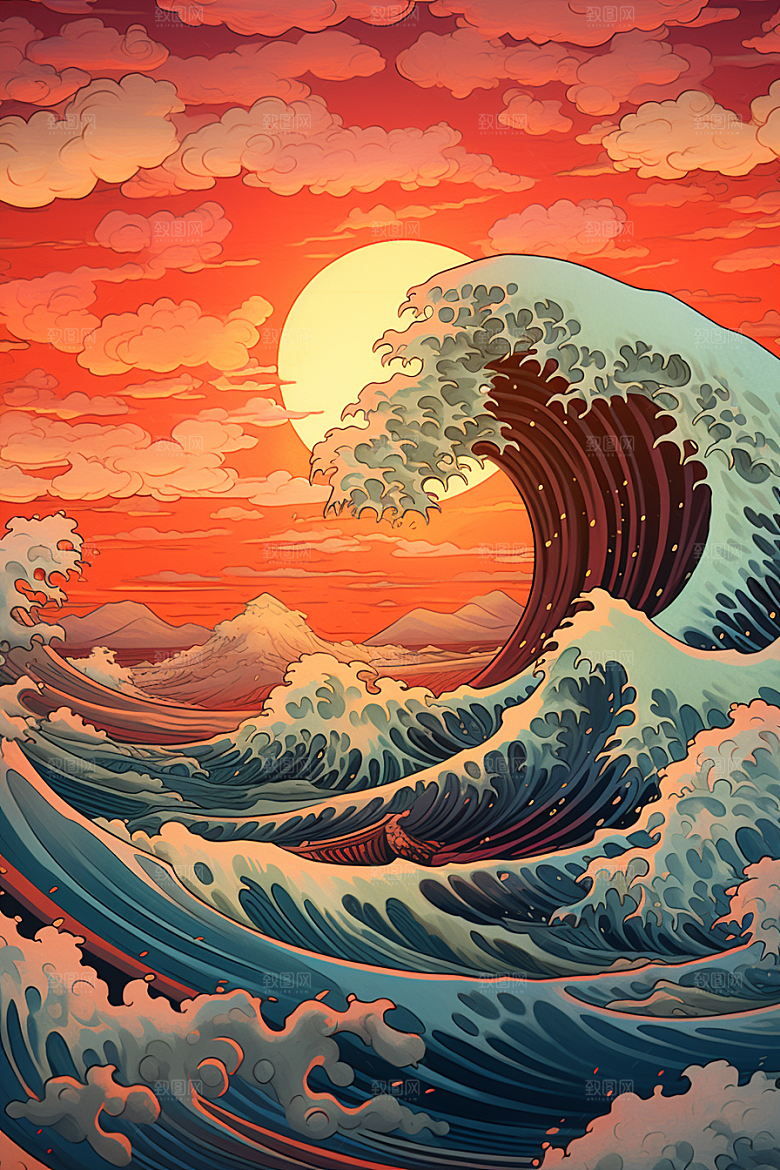 浪花浮世绘杂志风版画插画