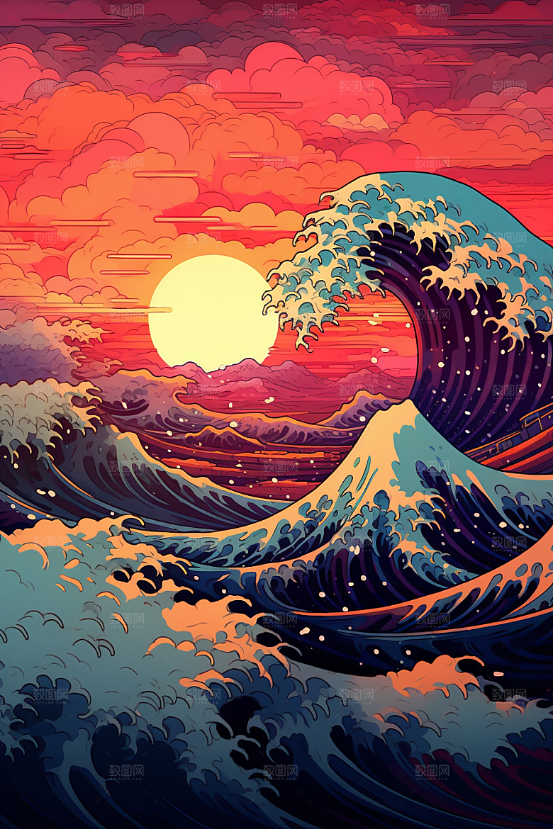 浪花浮世绘风俗画版画插画