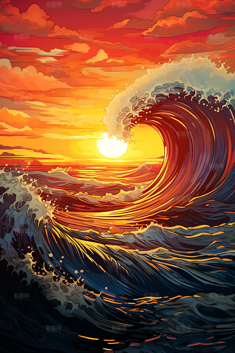 浪花浮世绘杂志风高清插画
