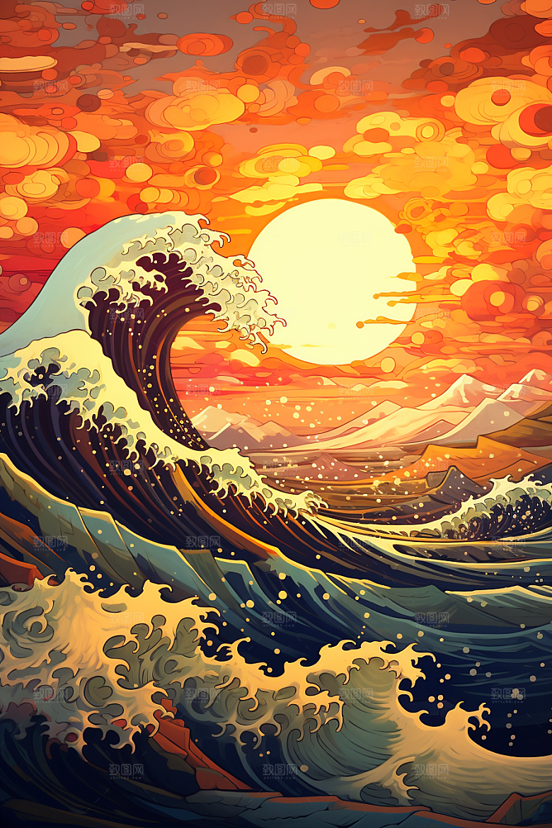 浪花浮世绘日本艺术风格杂志风插画