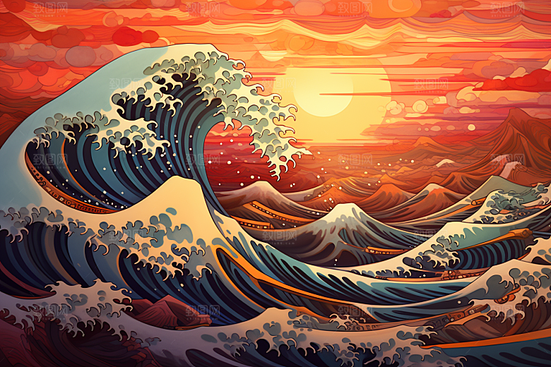 浪花浮世绘杂志风版画插画