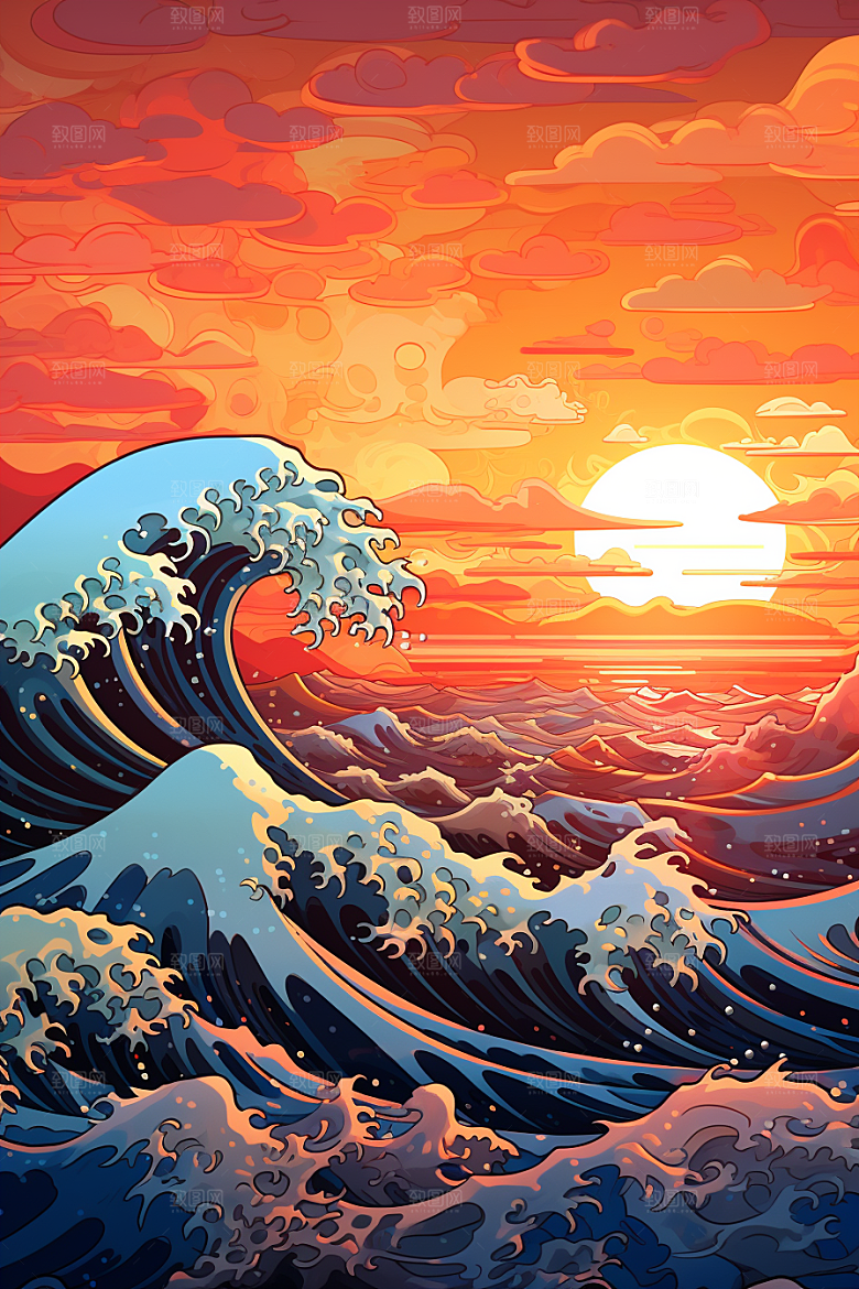 浪花浮世绘海报风杂志风插画