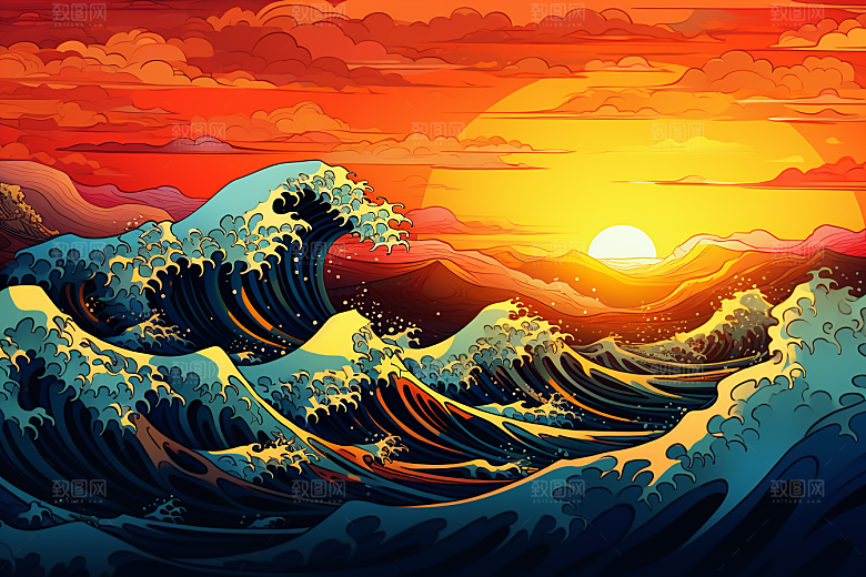 浪花浮世绘风俗画日本艺术风格插画