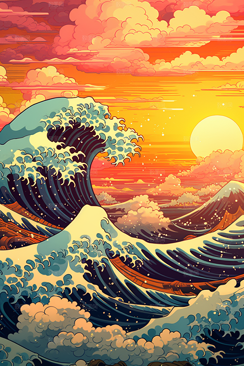 浪花浮世绘海报风彩色插画