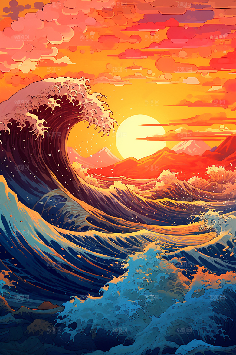 浪花浮世绘杂志风高清插画