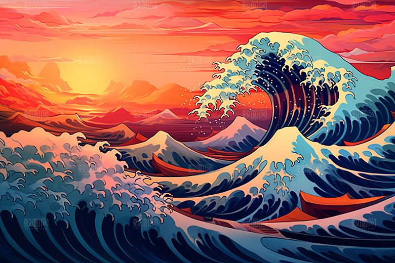 浪花浮世绘风俗画海报风插画