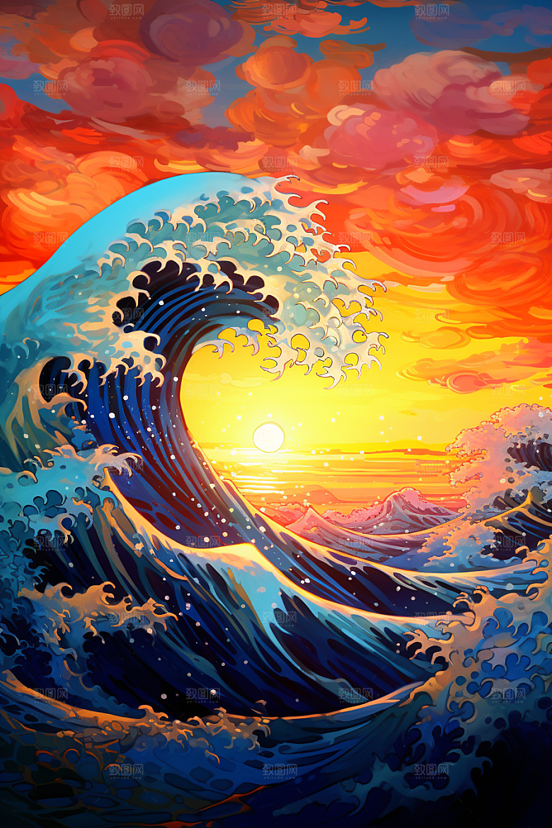 浪花浮世绘版画彩色插画