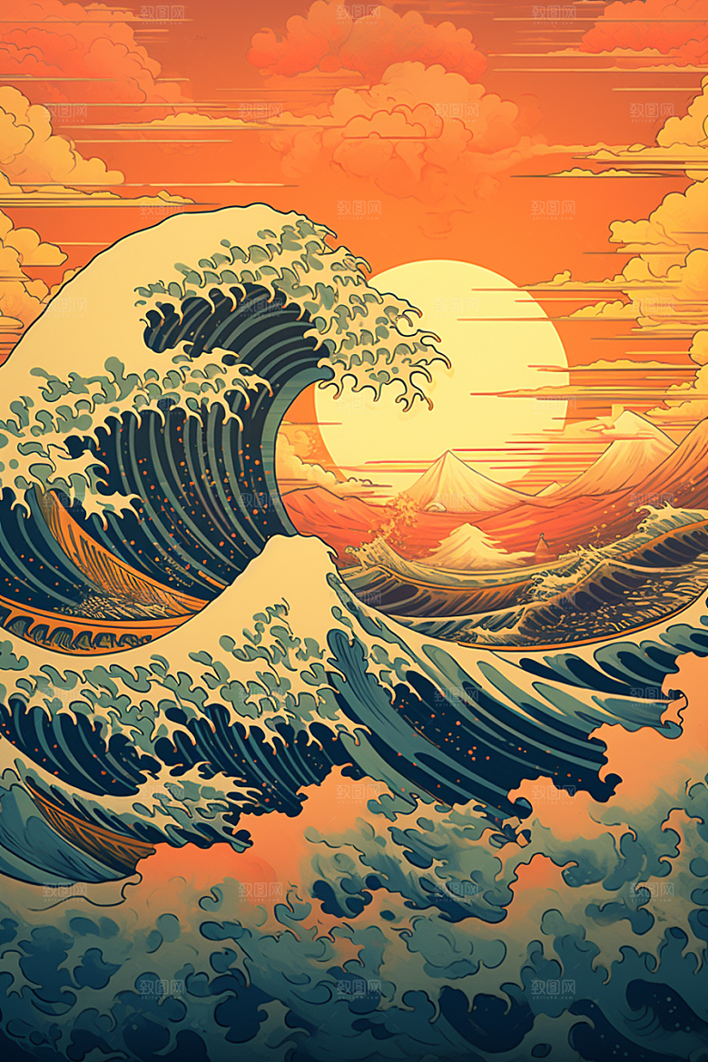 浪花浮世绘日本艺术风格风俗画插画