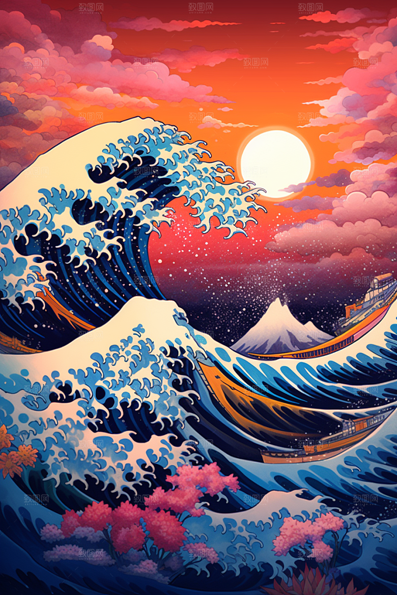 浪花浮世绘海报风日本艺术风格插画