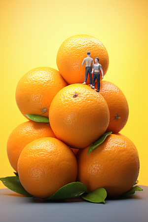 柑橘橘子水果微距小人