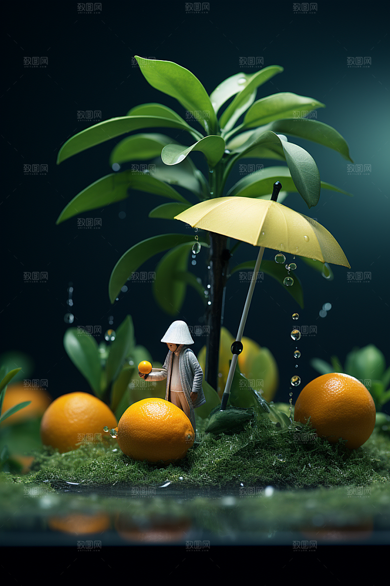 柑橘橘子3D微距小人
