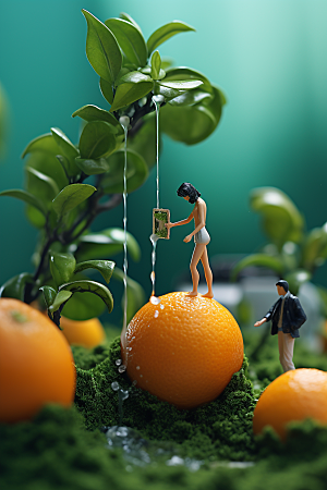 柑橘收获脐橙微距小人