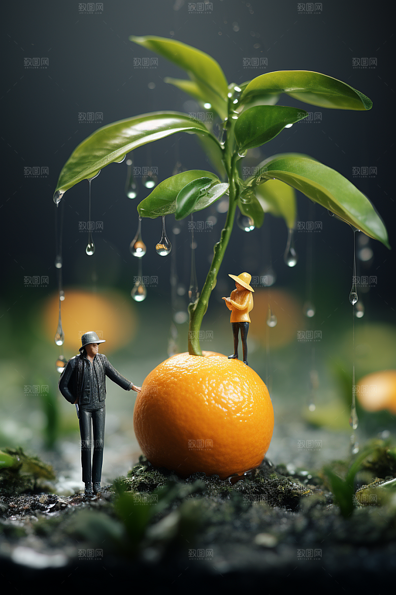 柑橘橙子立体微距小人
