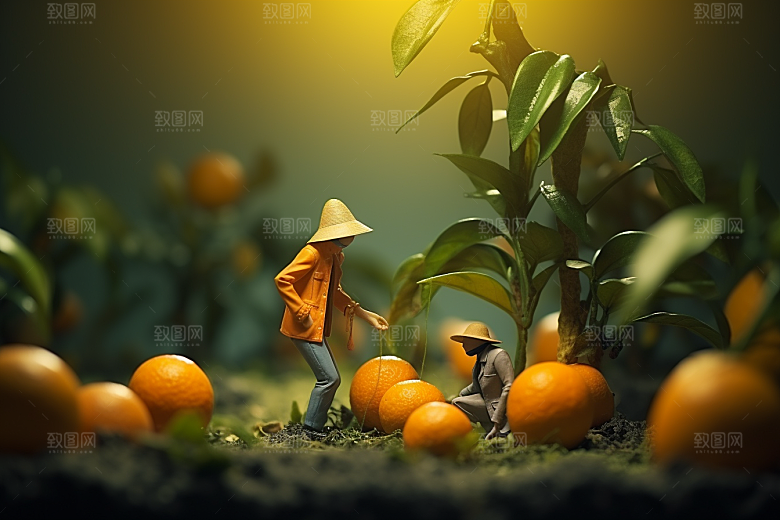 柑橘收获农业微距小人